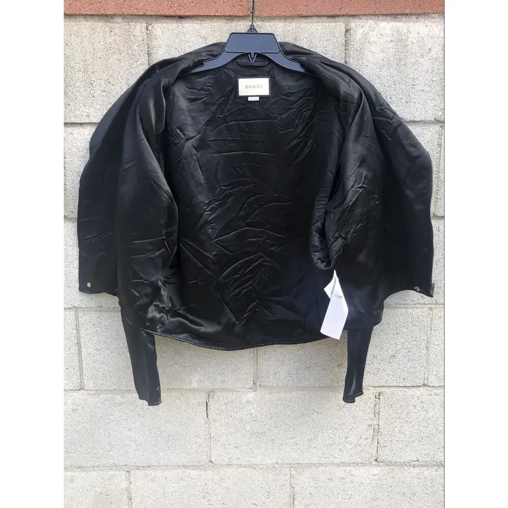 GUCCI Guccy Farmacia Embroidery Satin Biker Jacket Black Sz 44